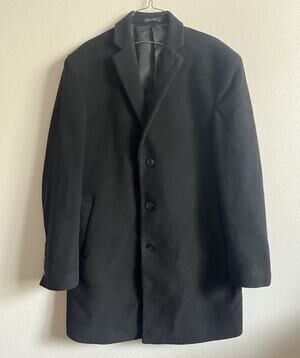 Calvin Klein Black Wool Blend Topcoat Overcoat Men 42L 3 Button Long Coat *read